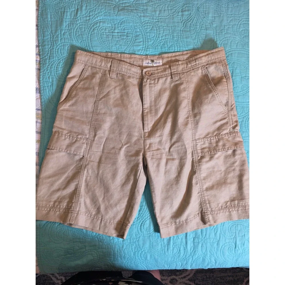 Island Shores Mens 38 Khaki Tan Linen Cotton Blend Cargo Shorts Tropical Casual